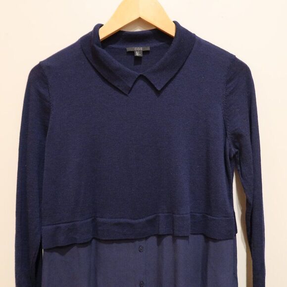 COS sweater dress tunic navy blue 100% wool 100% silk collar long sleeve S flaw - Picture 3 of 12